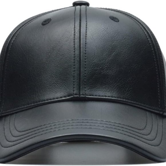 Black Leather Baseball Cap Hat, Mens, Womans,  Adjustable Faux Leather Vegan - Picture 2 of 6